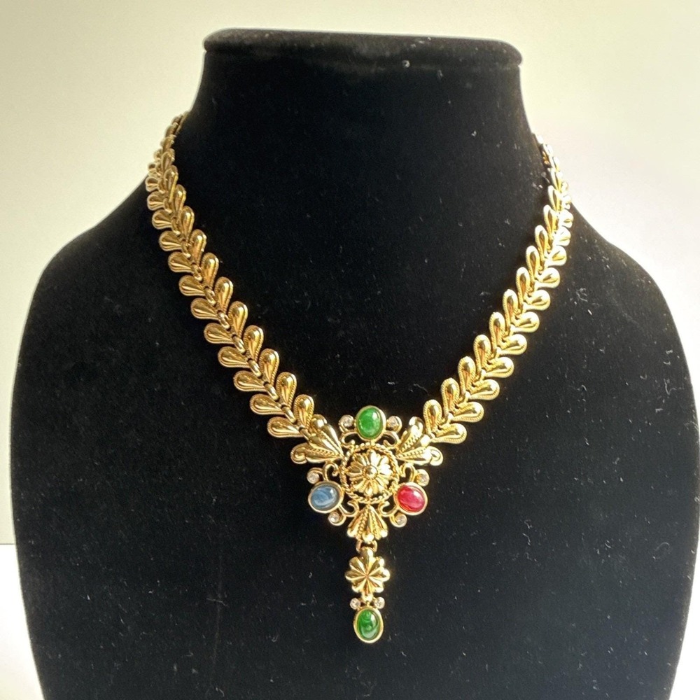 Vintage Trifari TM Signed Moghul Multicolor Cabochon Gold Tone Necklace - Picture 2 of 11